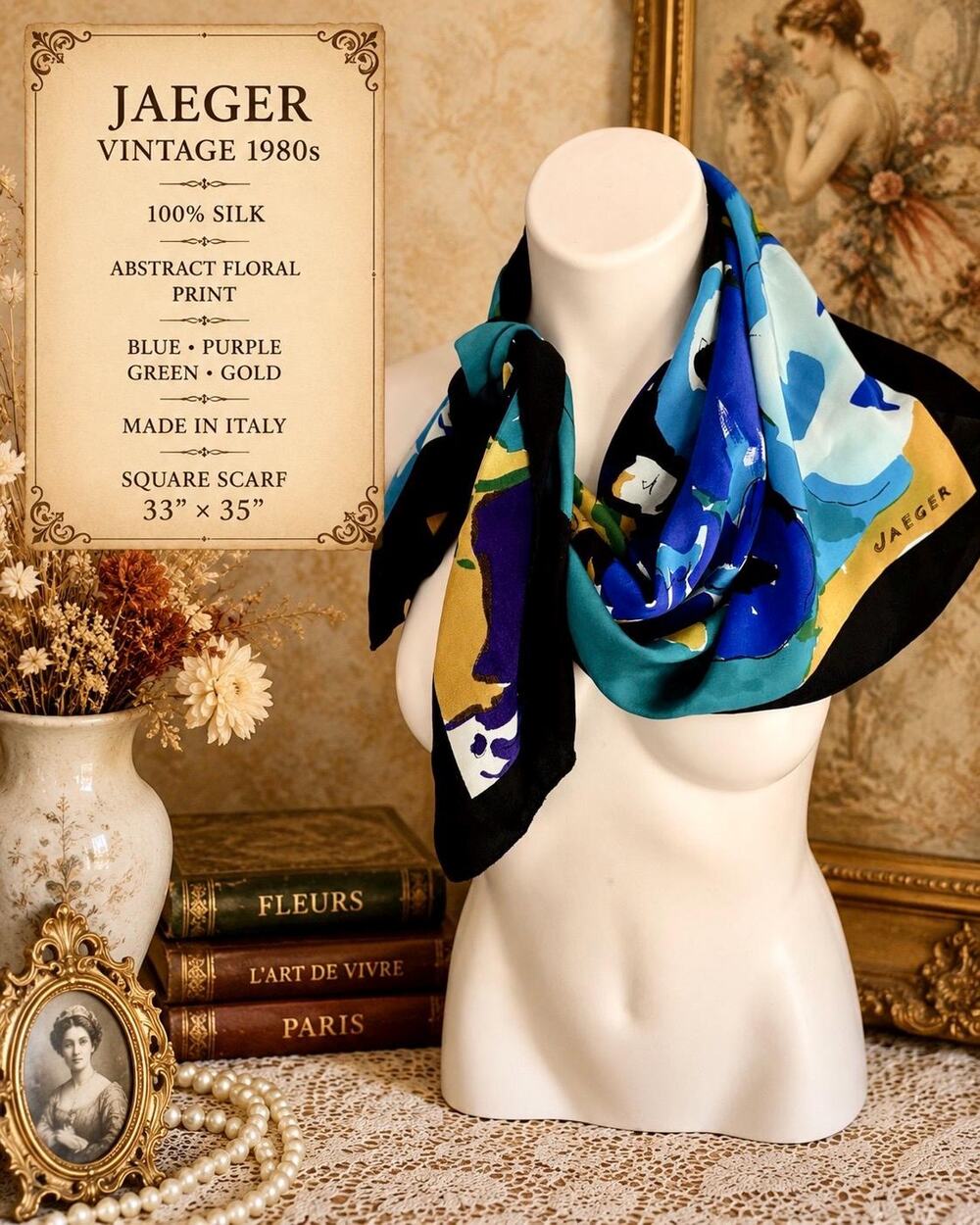 Jaeger 1980s Silk Scarf Blue Purple Abstract Floral 33x35 Made in Italy